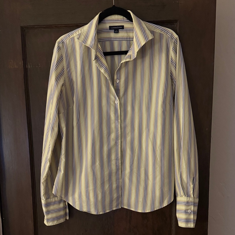 Lands End Striped Button Up Shirt in Yellow and Blue